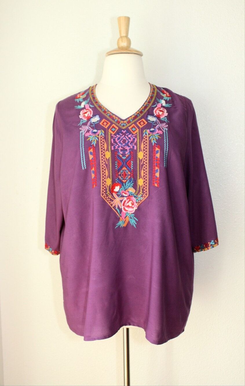 Cottagecore Peasant NWT LAURA KLEIN BOHO Tunic Top Sz 3XL Purple Embroidered #03